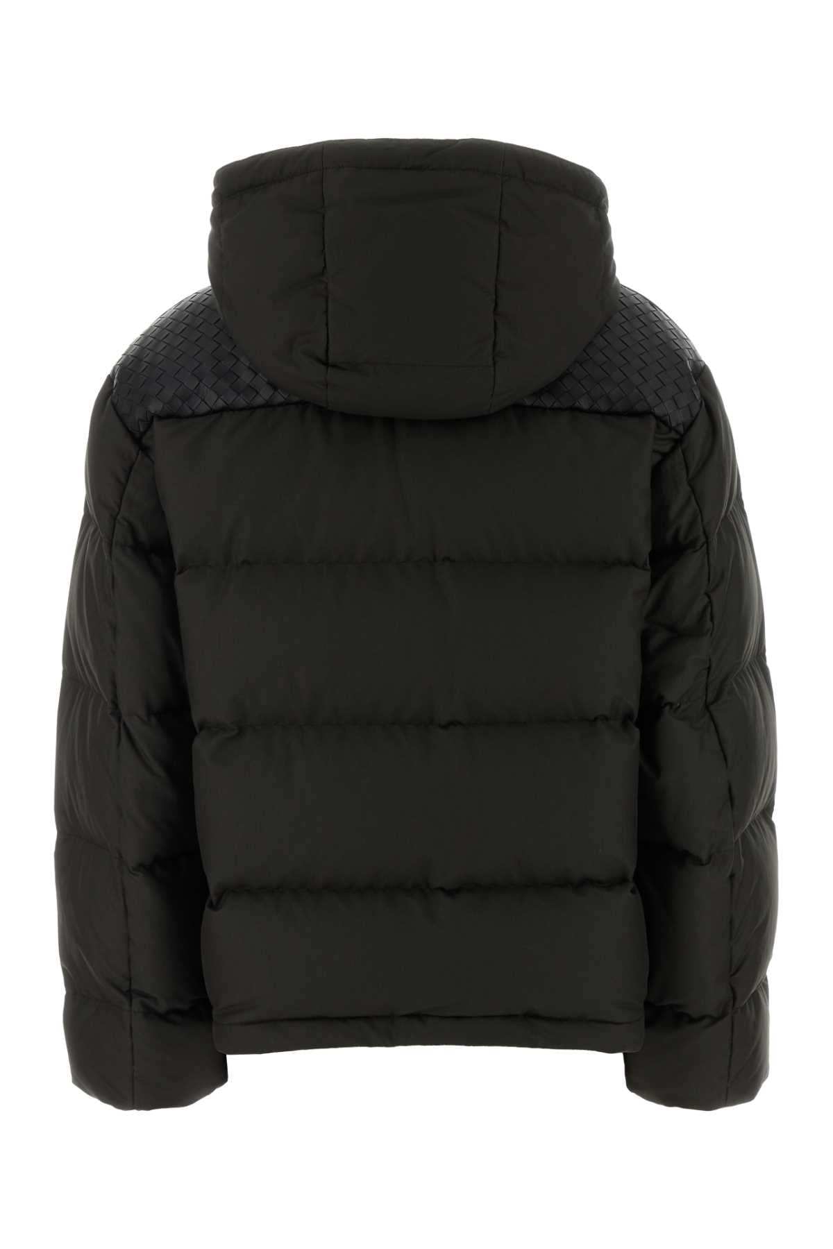 PUFFER CON ZIP E CAPPUCCIO SPALLE IN PELLE INTRECC DOWN JACKETS