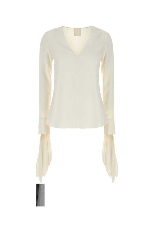 DEEP V-NECK BOW CUFFS BLOUSE SHIRTS