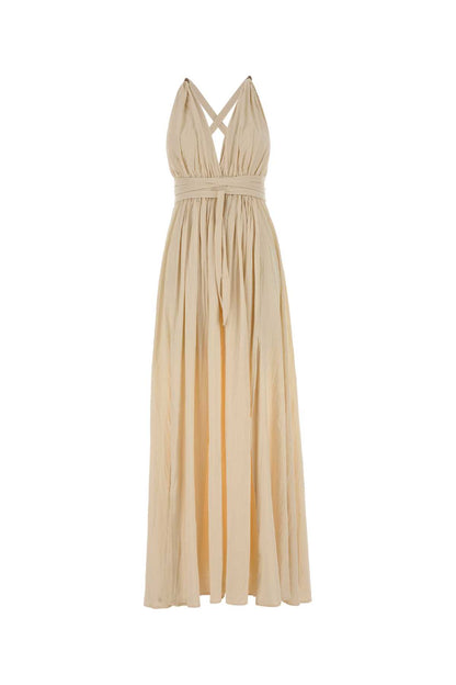 LONG COTTON DRESS W/DEEP V NECK & TWO FRONT SLITS DRESSES