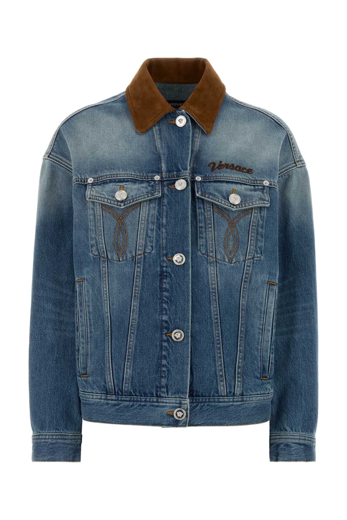 Versace Blouson denim stone wash softened with leather ins