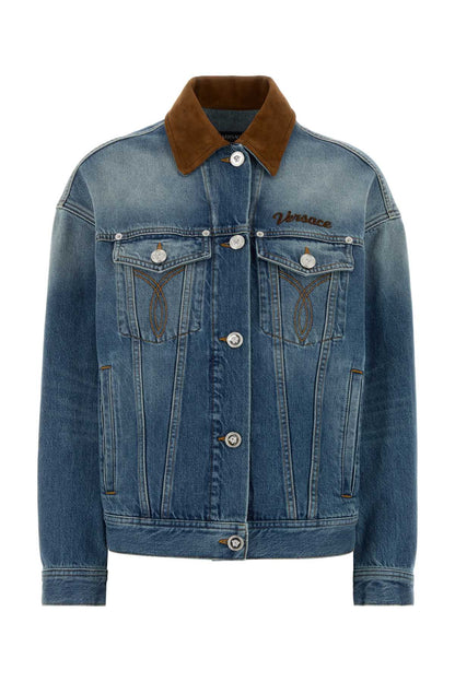 Versace Blouson denim stone wash softened with leather ins