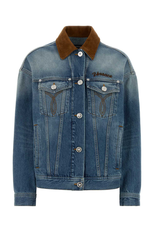 Versace Blouson denim stone wash softened with leather ins