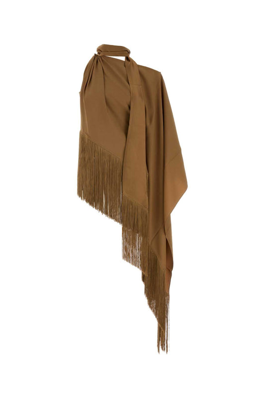 FRINGED ATLAS BLOUSE CAMEL TOPS