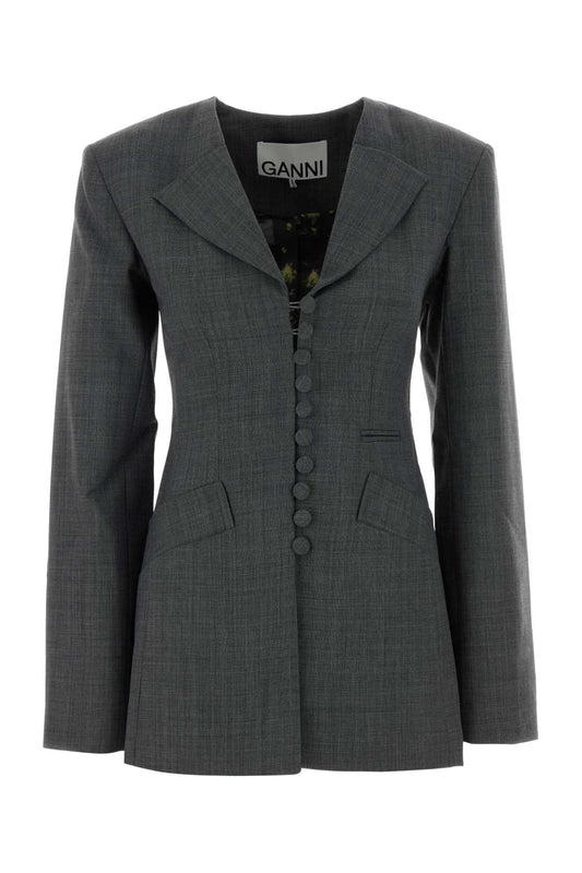 Ganni Wool melange suiting long button blazer