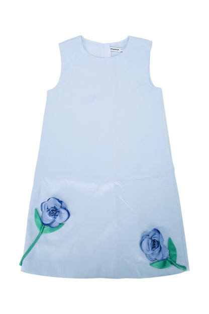 BLUE BONDED SATIN 3D FLOWER DRESS DRESSES