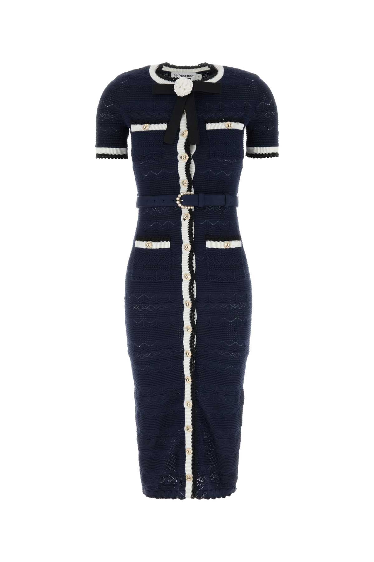 NAVY POINTELLE KNIT MIDI DRESS DRESSES