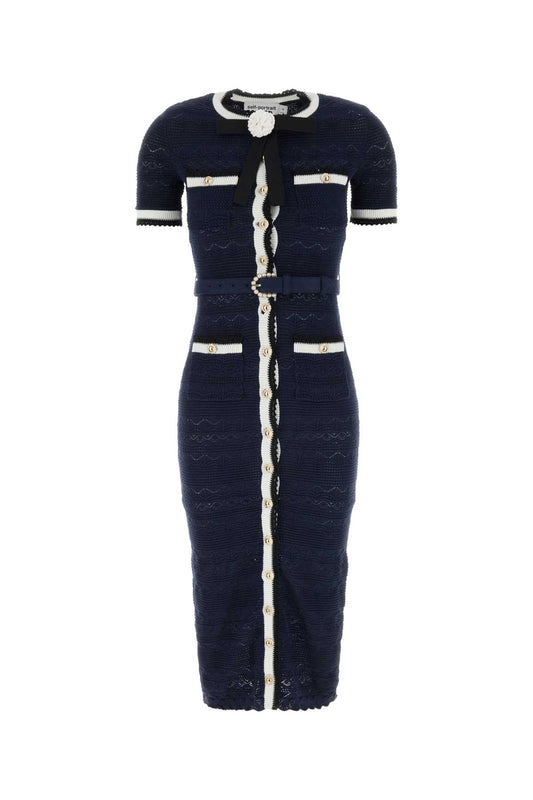 NAVY POINTELLE KNIT MIDI DRESS DRESSES