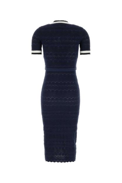 NAVY POINTELLE KNIT MIDI DRESS DRESSES