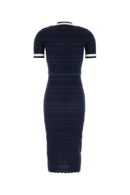NAVY POINTELLE KNIT MIDI DRESS DRESSES