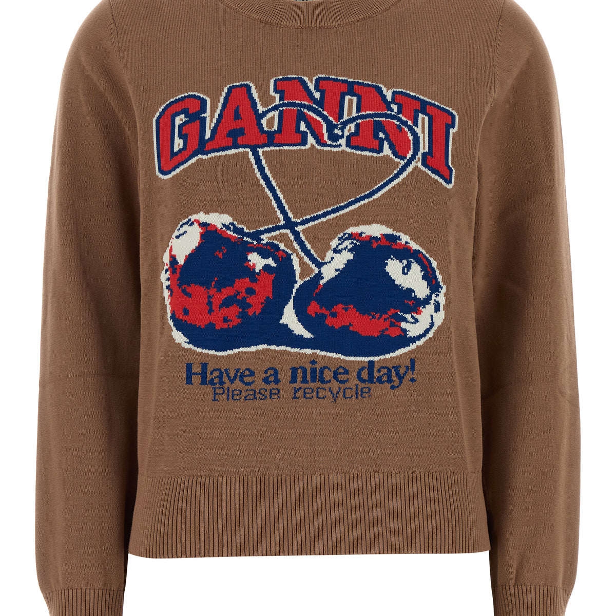Ganni Fine cotton graphic sweater cherry