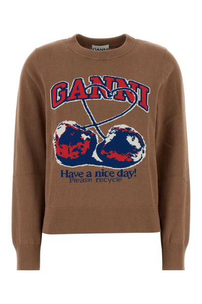 Ganni Fine cotton graphic sweater cherry