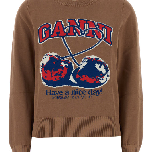 Ganni Fine cotton graphic sweater cherry