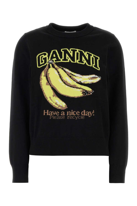 Ganni Fine cotton graphic sweater banana