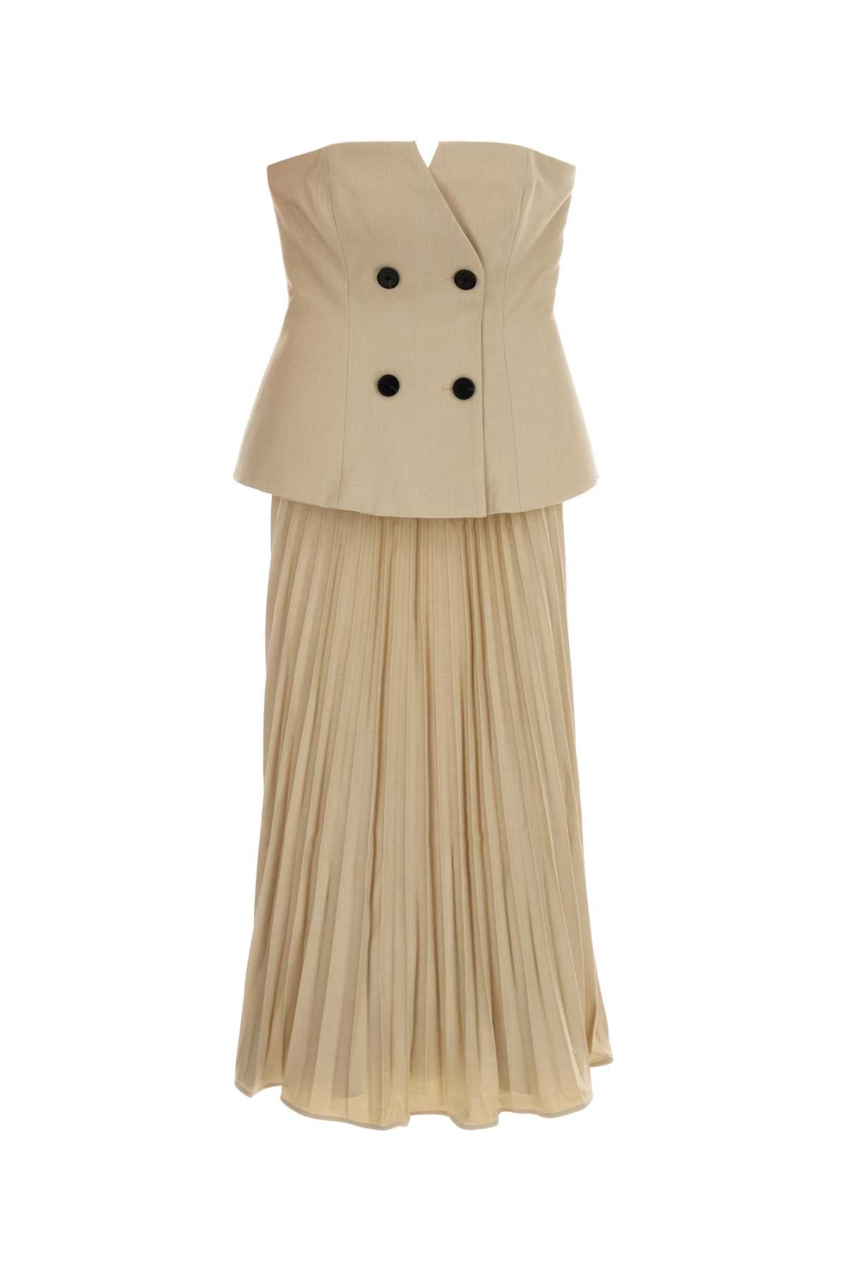 BEIGE BANDEAU PLEATED MIDI DRESS DRESSES
