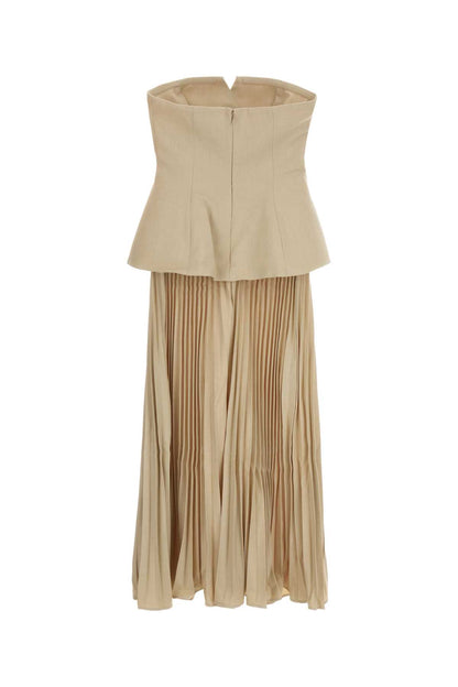 BEIGE BANDEAU PLEATED MIDI DRESS DRESSES