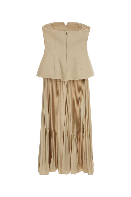 BEIGE BANDEAU PLEATED MIDI DRESS DRESSES