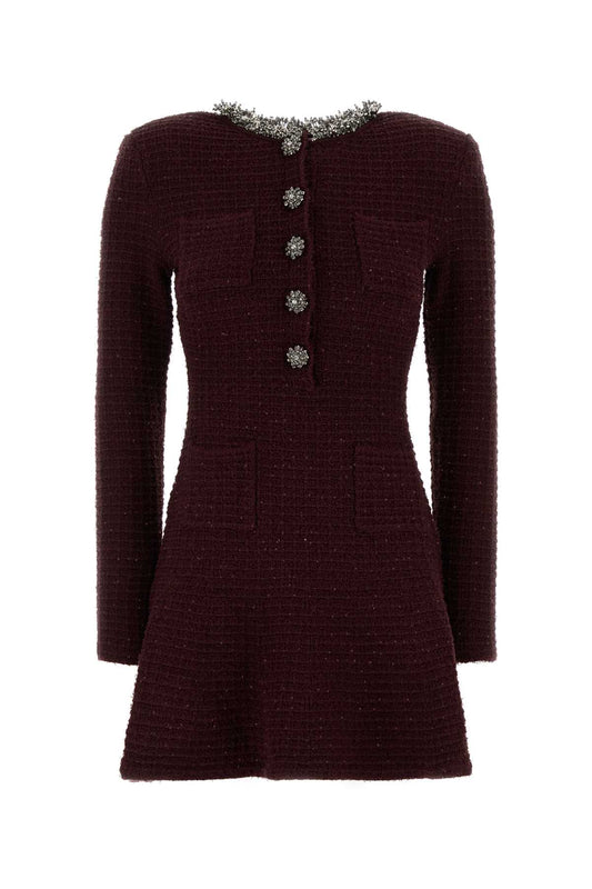 BURGUNDY TEXTURED KNIT EMBELLISHED MINI DRESS DRESSES