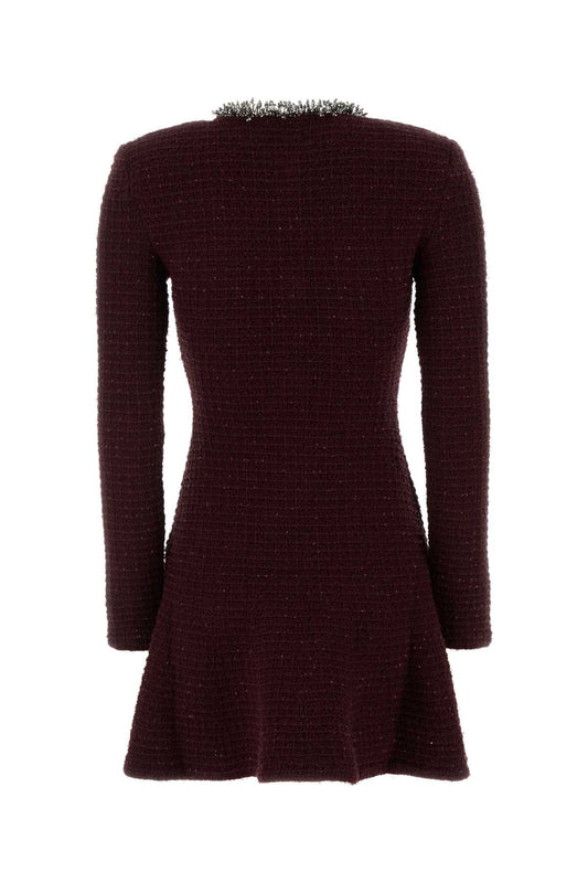 BURGUNDY TEXTURED KNIT EMBELLISHED MINI DRESS DRESSES