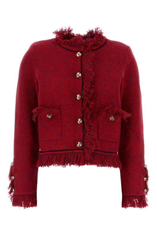 RED FRAYED KNIT JACKET BLAZERS AND VESTS