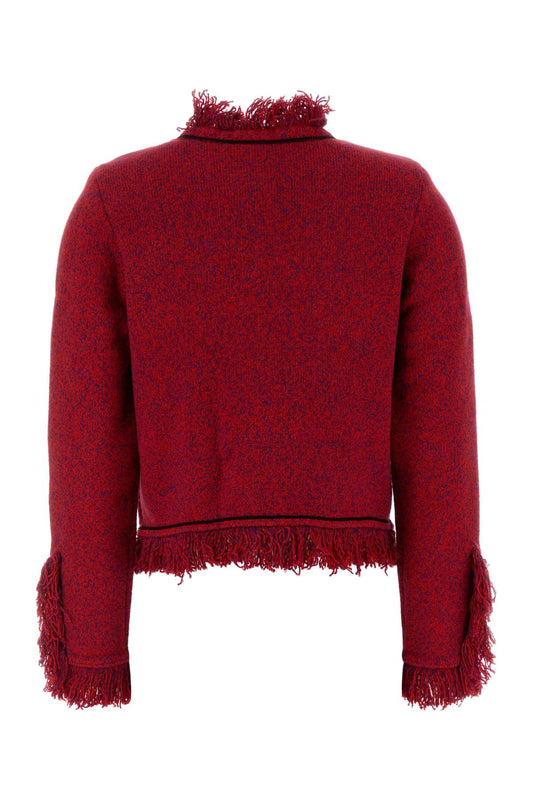RED FRAYED KNIT JACKET BLAZERS AND VESTS