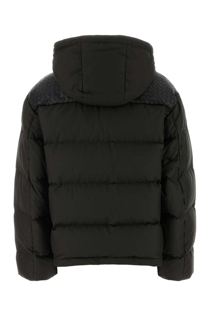 PUFFER CON ZIP E CAPPUCCIO SPALLE IN PELLE INTRECC DOWN JACKETS