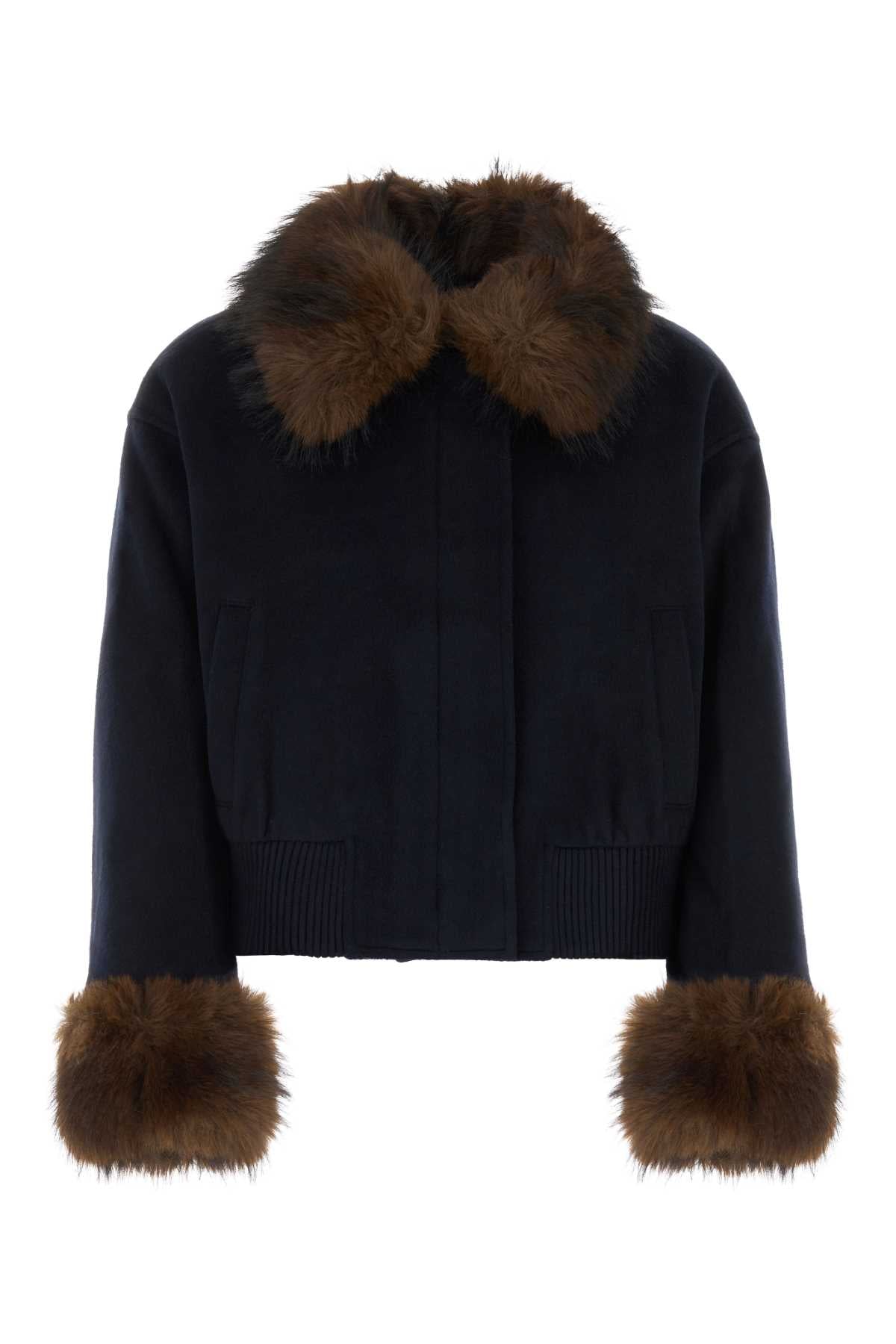 NAVY WOOL FUR TRIM JACKET JACKETS
