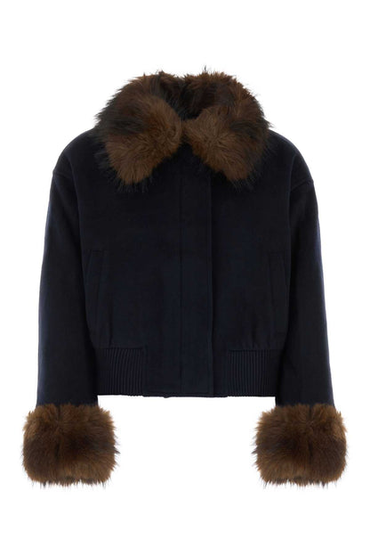 NAVY WOOL FUR TRIM JACKET JACKETS
