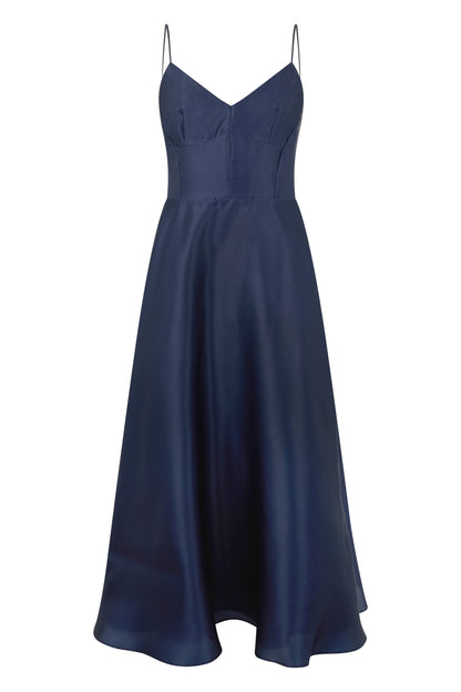 Long dark blue dress with elegant neckline RTW