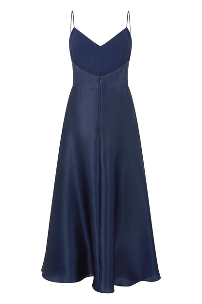 Long dark blue dress with elegant neckline RTW