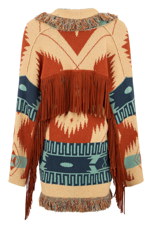 Cardigan with ethnic patterns and fringes RTW