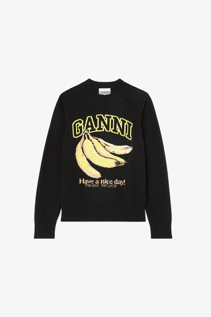 Ganni Fine cotton graphic sweater banana