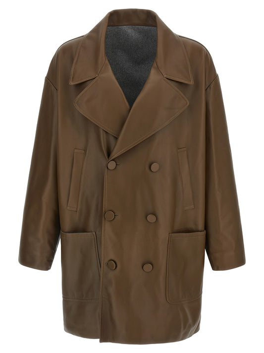 Double-breasted leather coat Coats, trench coats