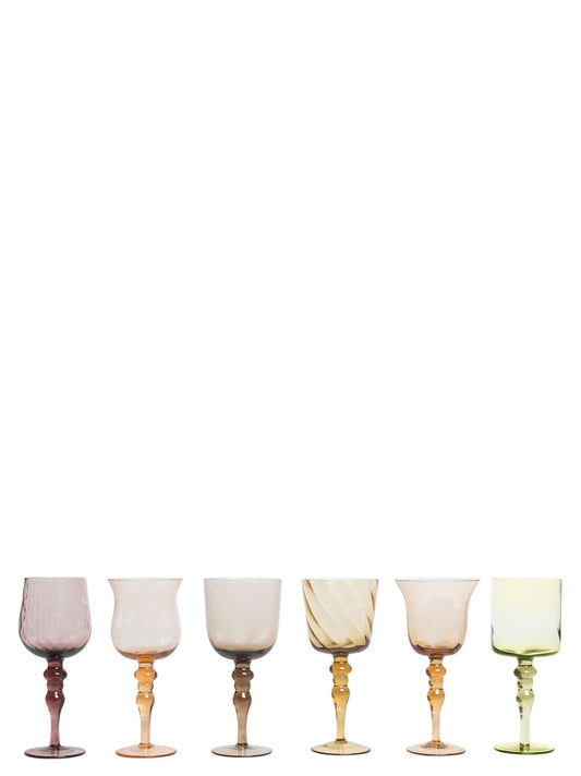 Set 6 Calici Assorted Shapes - Amber/Pink Texture Nuance Glasses and bottles