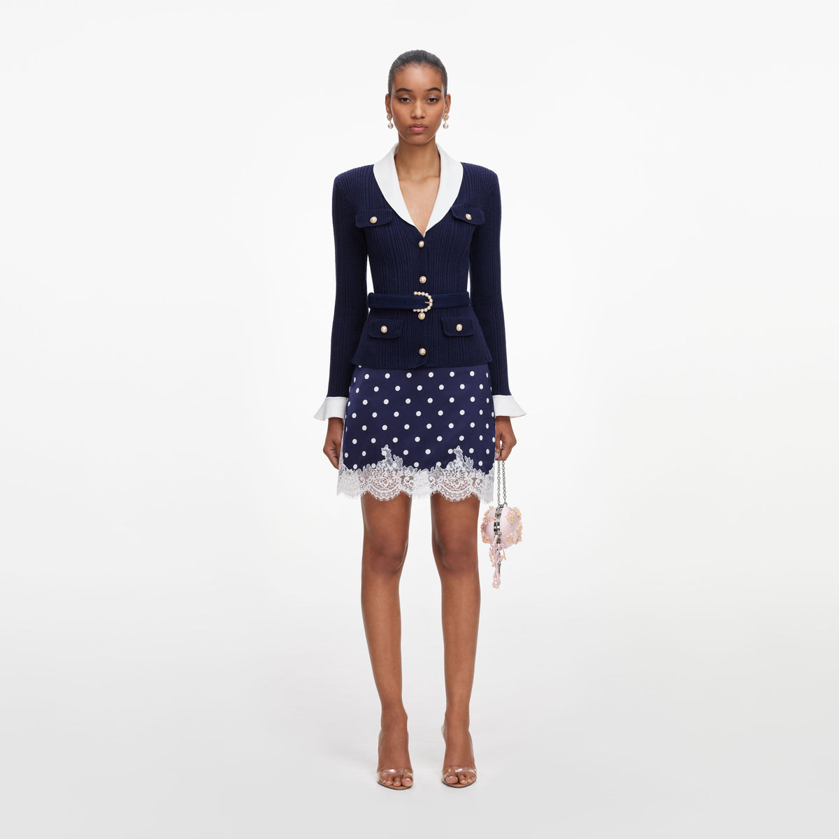 Self Portrait Navy ribbed knit cardigan