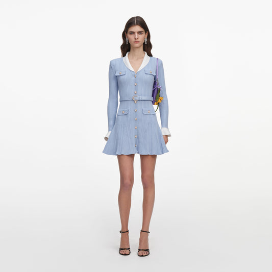 Self Portrait Blue ribbed knit mini dress
