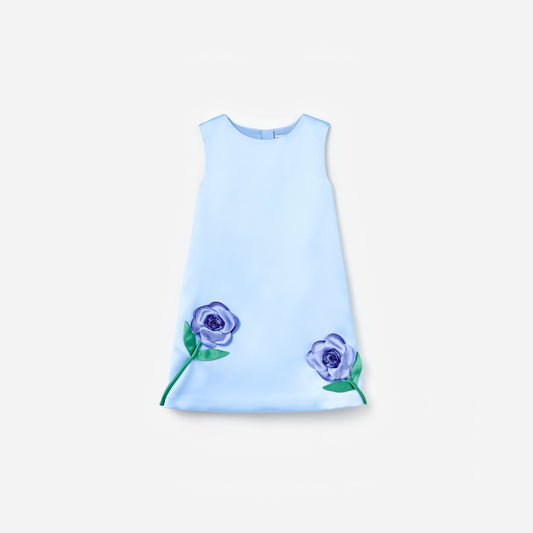 Self Portrait Kids Blue bonded satin 3d flower dress