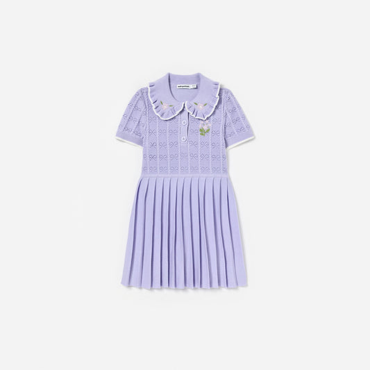 Self Portrait Kids Lilac pleated pointelle knit dress