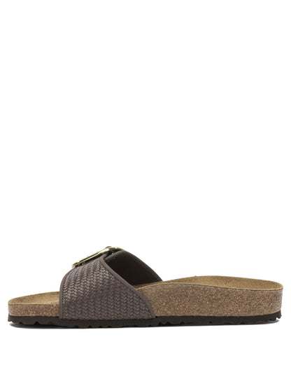 "Madrid Big Buckle Raffia" Slides Sandals