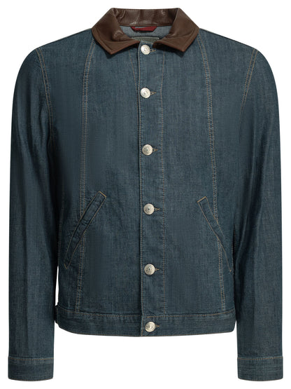 Denim jacket with leather collar Jackets and Coats
