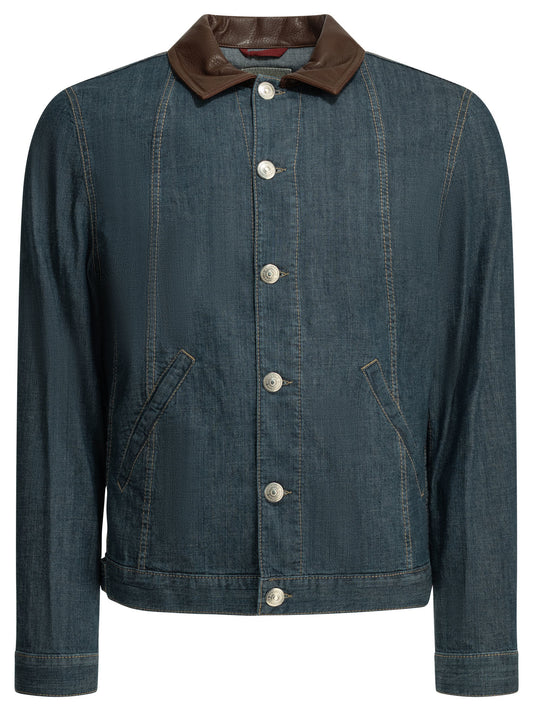 Denim jacket with leather collar Jackets and Coats