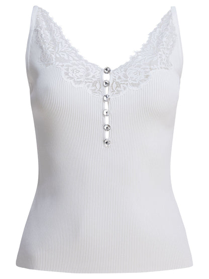 Ribbed tank top with lace neckline Tops
