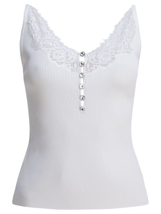 Ribbed tank top with lace neckline Tops