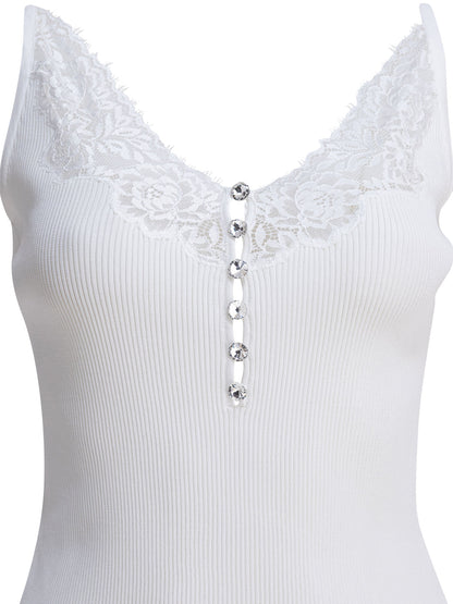 Ribbed tank top with lace neckline Tops