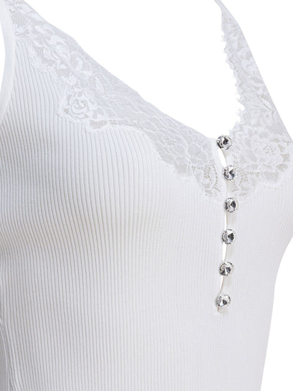 Ribbed tank top with lace neckline Tops