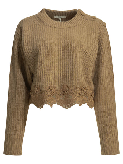 Crew-neck sweater with lace Knitwear
