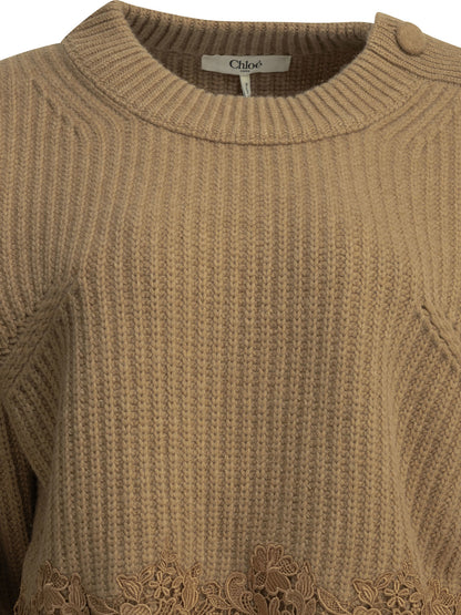 Crew-neck sweater with lace Knitwear