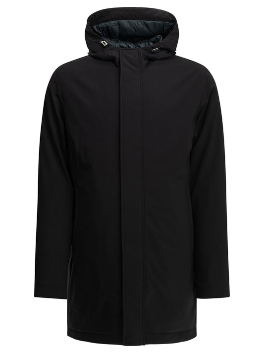 Long down jacket in stretch twill Jackets and Coats