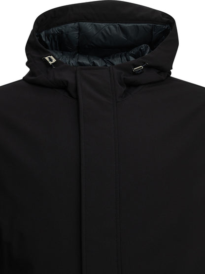 Long down jacket in stretch twill Jackets and Coats
