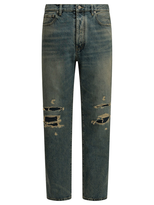 "Distressed" Straight-Leg Jeans Trousers
