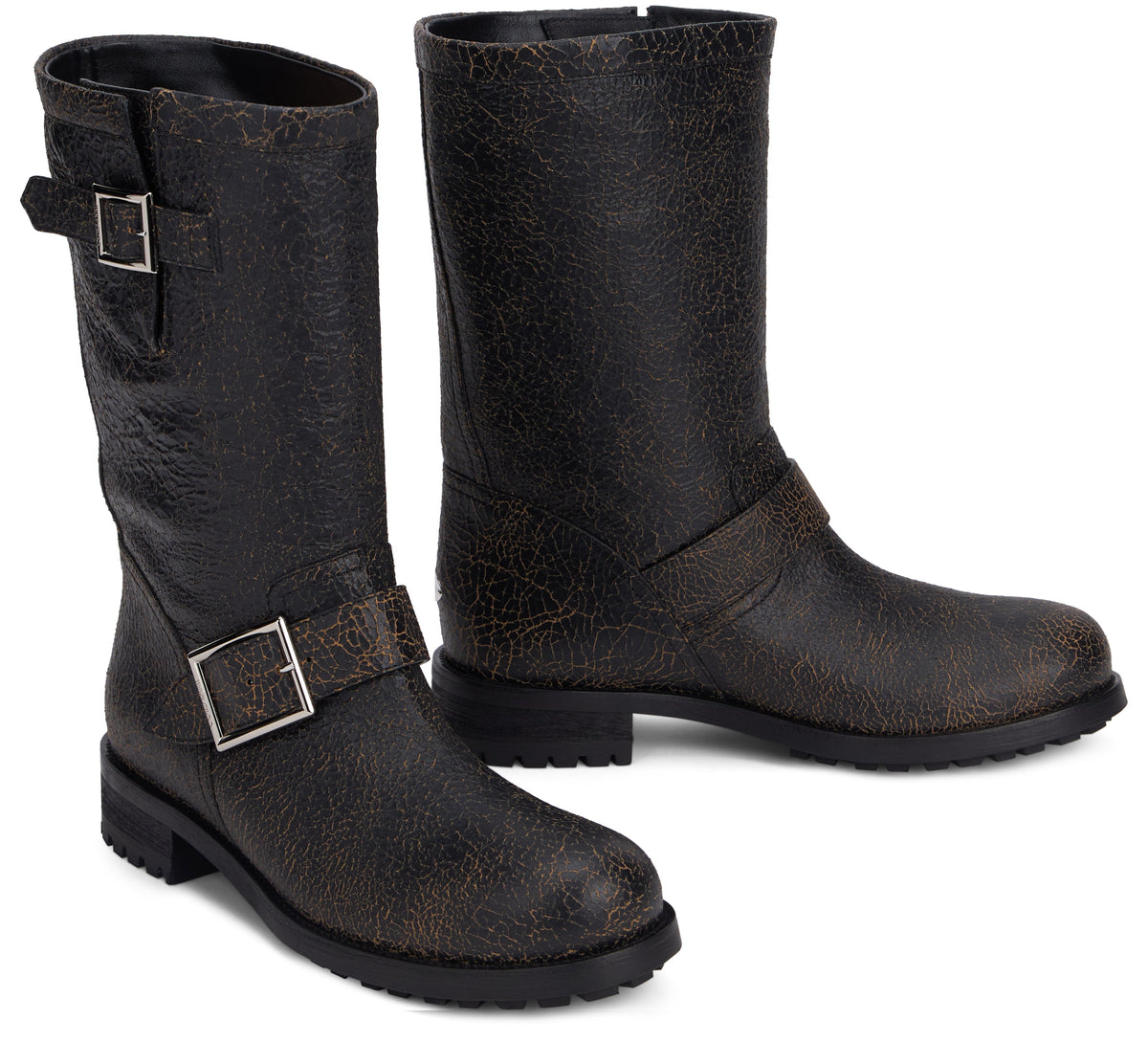 Biker boots in leather with crackled effect and buckles SHOES